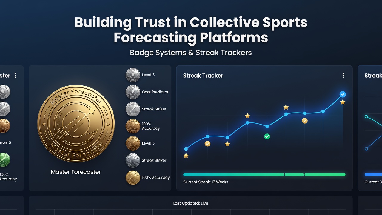 Illustration of digital badges and streak counters displayed on a sports forecasting platform interface