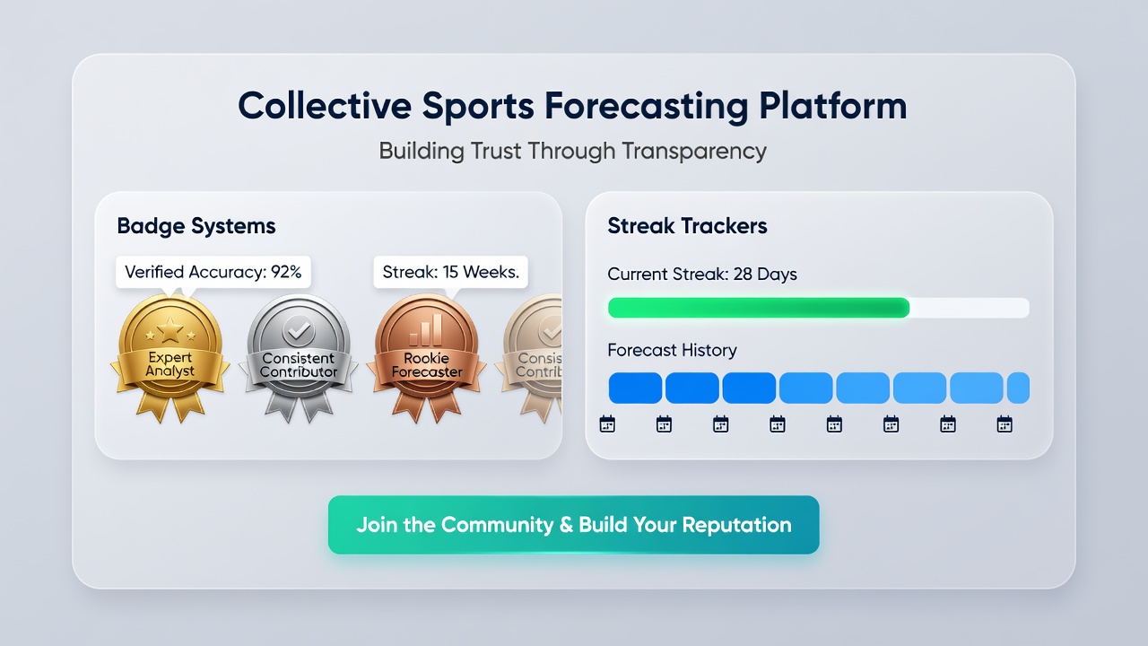 Screenshot showing user profiles with active streak counters and badge collections on a forecasting dashboard