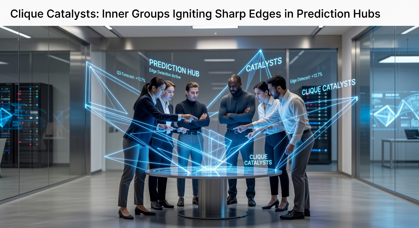 Group of bettors huddled around screens in a dimly lit room, discussing predictions with intense focus