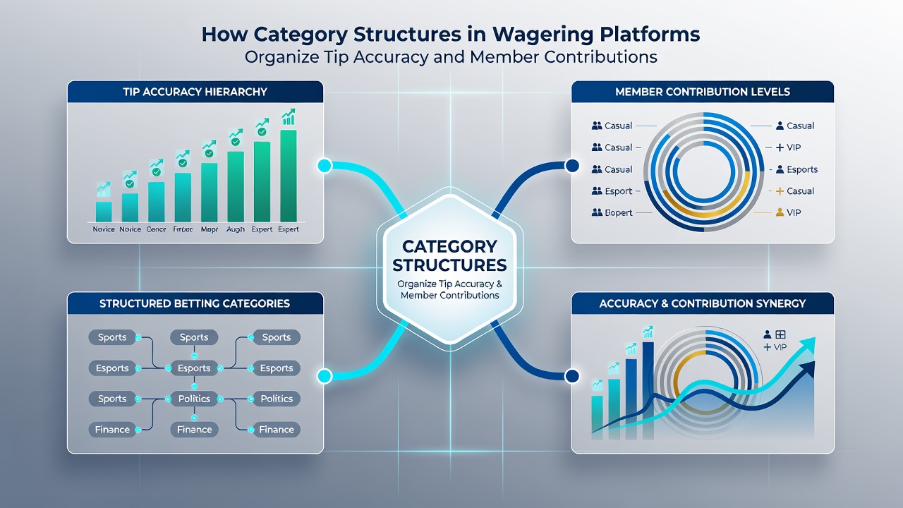 Diagram showing category structures in a wagering platform interface with organized betting tip sections