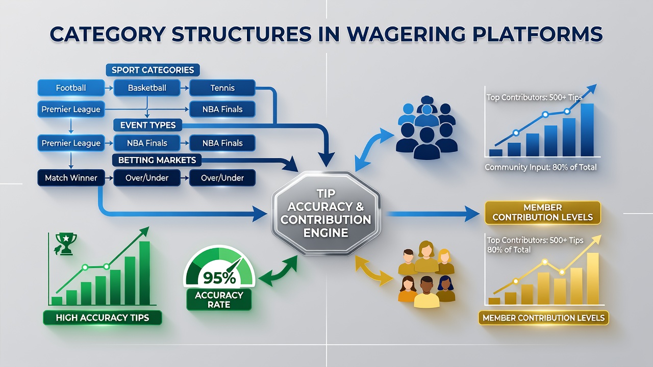 Illustration of member contributions organized by tip categories with accuracy charts and user profiles