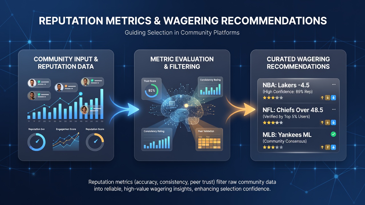 Community members analyzing tipster profiles with highlighted reputation scores and verification badges