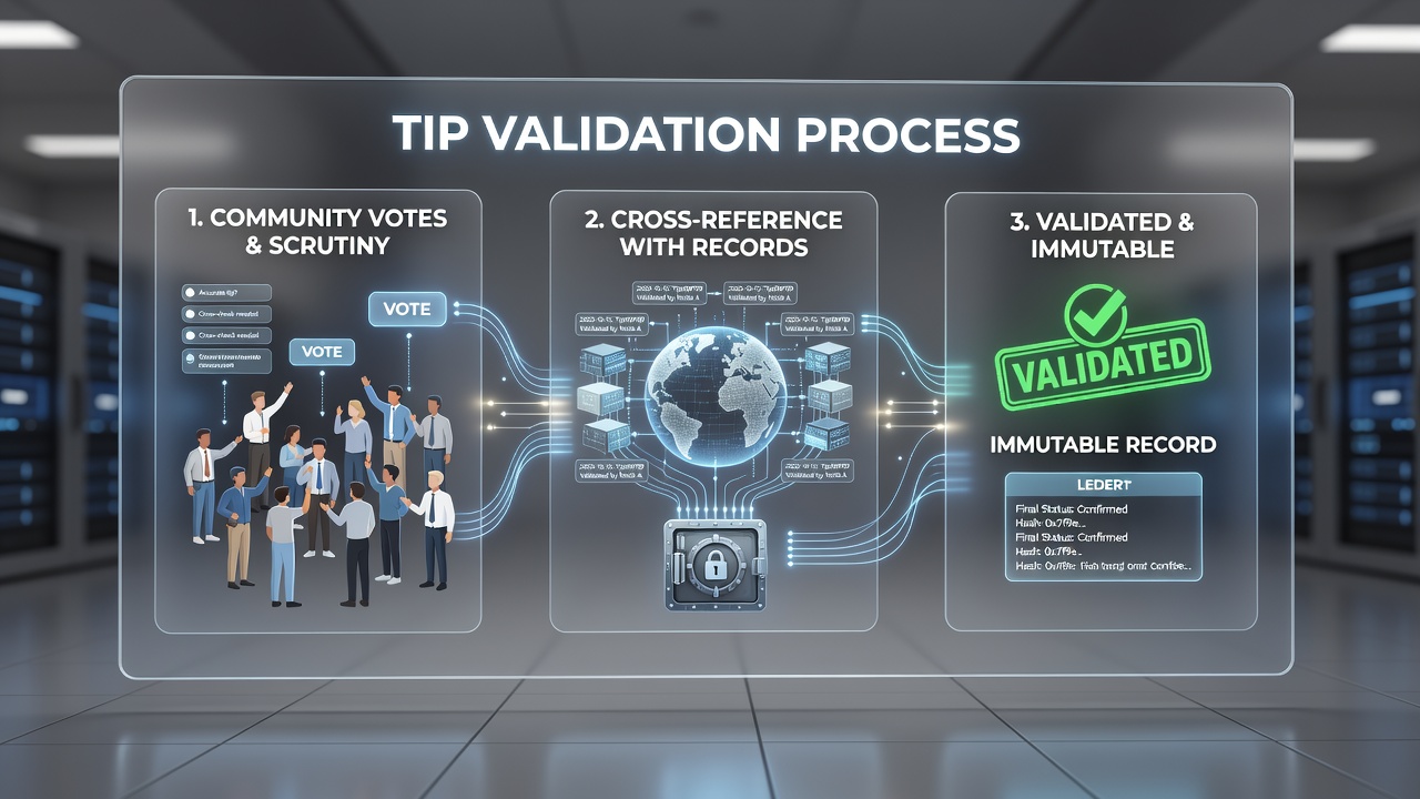 Detailed view of tip validation dashboard showing vote counts, accuracy percentages, and historical records