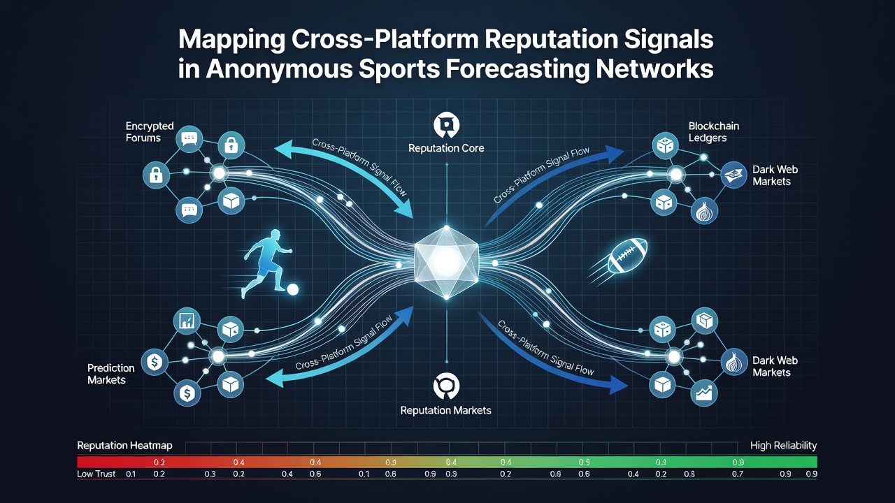 Visual representation of reputation signal mapping across anonymous sports forecasting platforms showing interconnected nodes and data flows