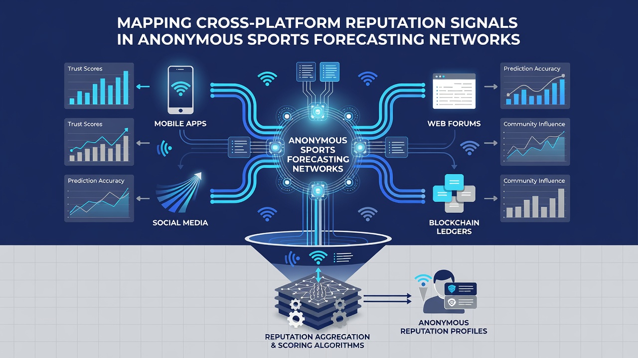 Diagram illustrating cross-platform reputation signal flows in sports forecasting networks with example data connections