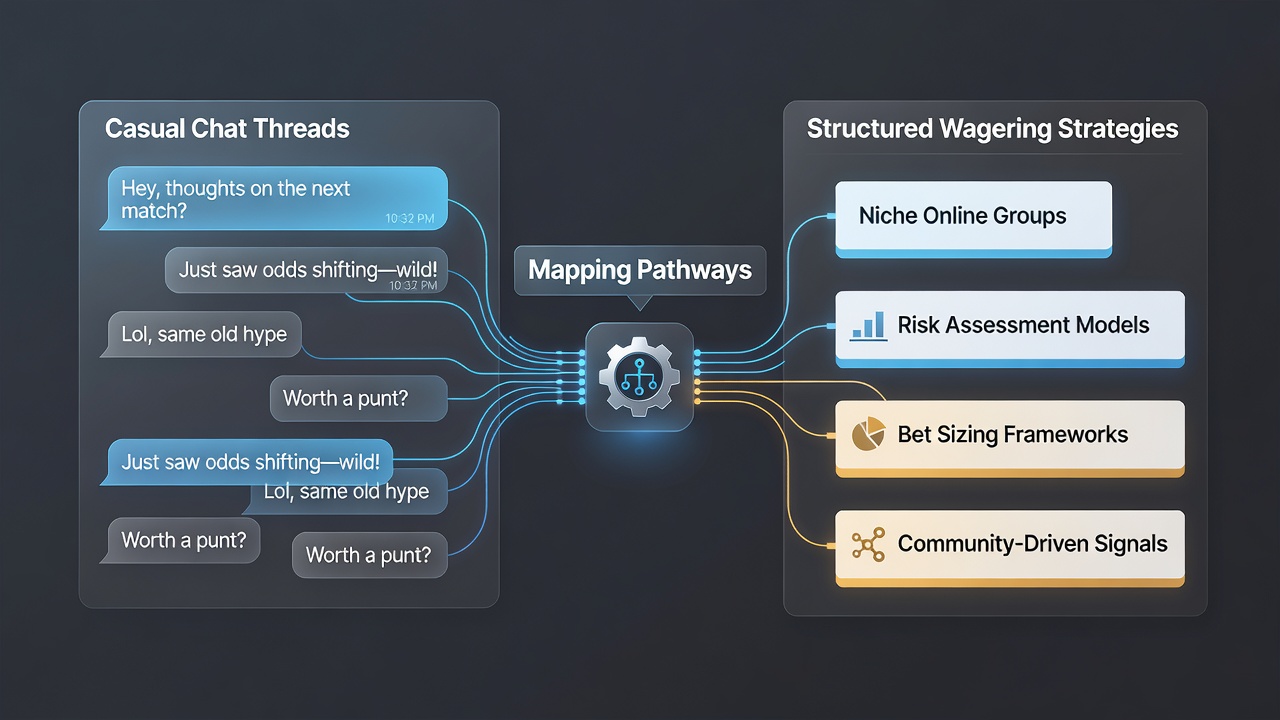 Illustration showing community members analyzing data and developing wagering frameworks in online forums