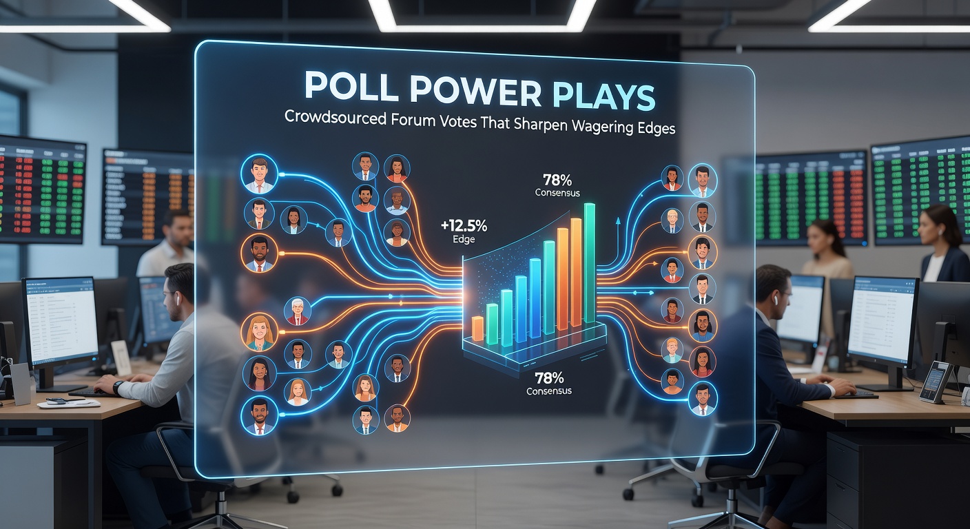 Vibrant online forum poll interface displaying betting options with vote tallies climbing in real-time, highlighting crowd consensus on sports outcomes