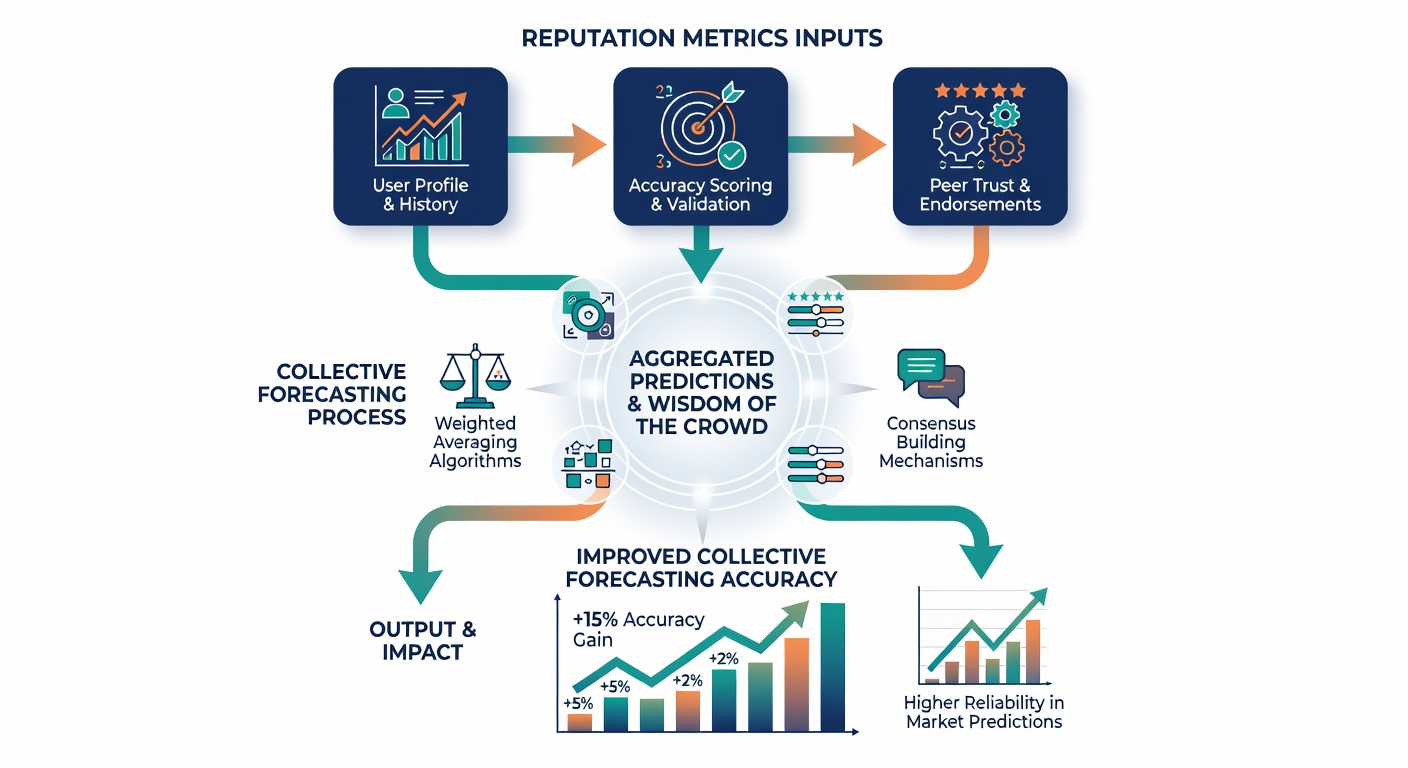 Group of analysts reviewing reputation-weighted prediction results on shared screens in a digital workspace