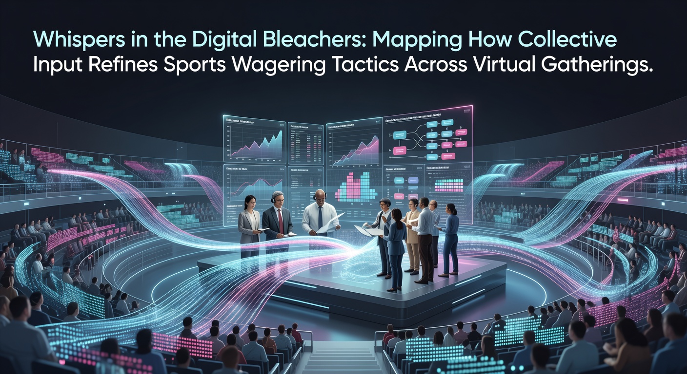 Digital illustration of virtual sports betting community gathering with data overlays and collective strategy mapping